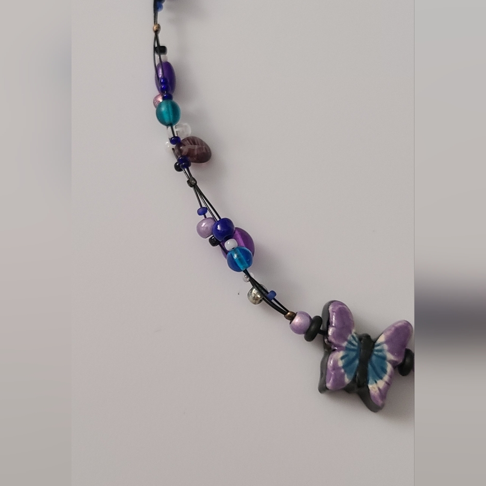 925 Vintage Butterfly Pottery Necklace Artisan Glass Beaded Purple Cats Eye Vtg - Picture 6 of 16